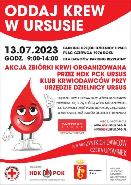 Plakat - Oddaj krew w Ursusie 13.07.23